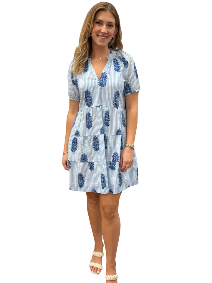 The Dahlia Smocked Neck Dress in Blue Striped Block Printed Cotton