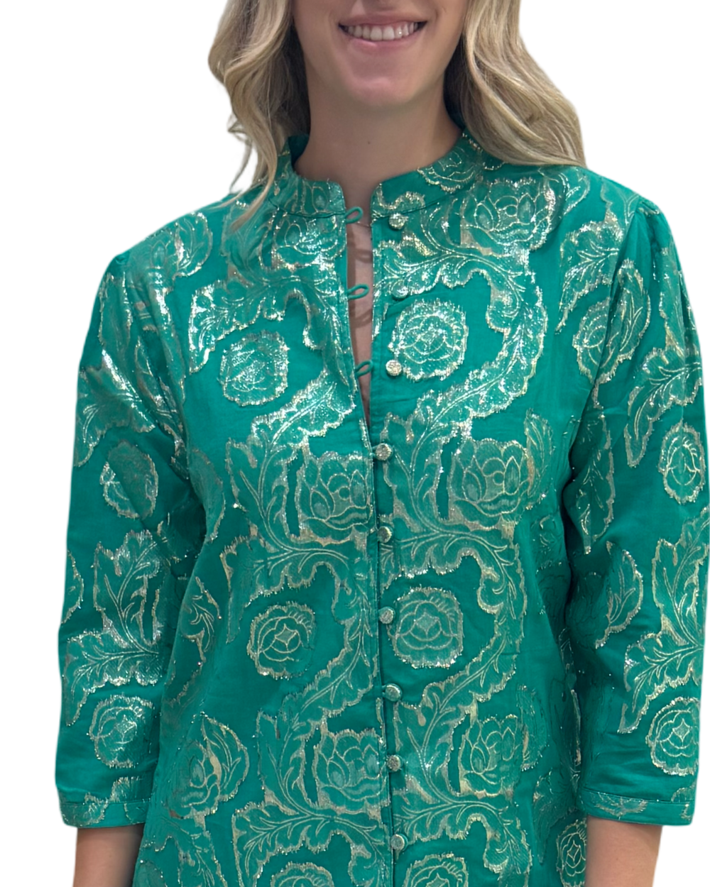 The Tabitha Button Front 3/4 Sleeve Dress  in Emerald Green and Gold — view 2