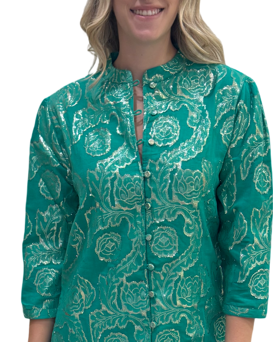 The Tabitha Button Front 3/4 Sleeve Dress  in Emerald Green and Gold — view 2
