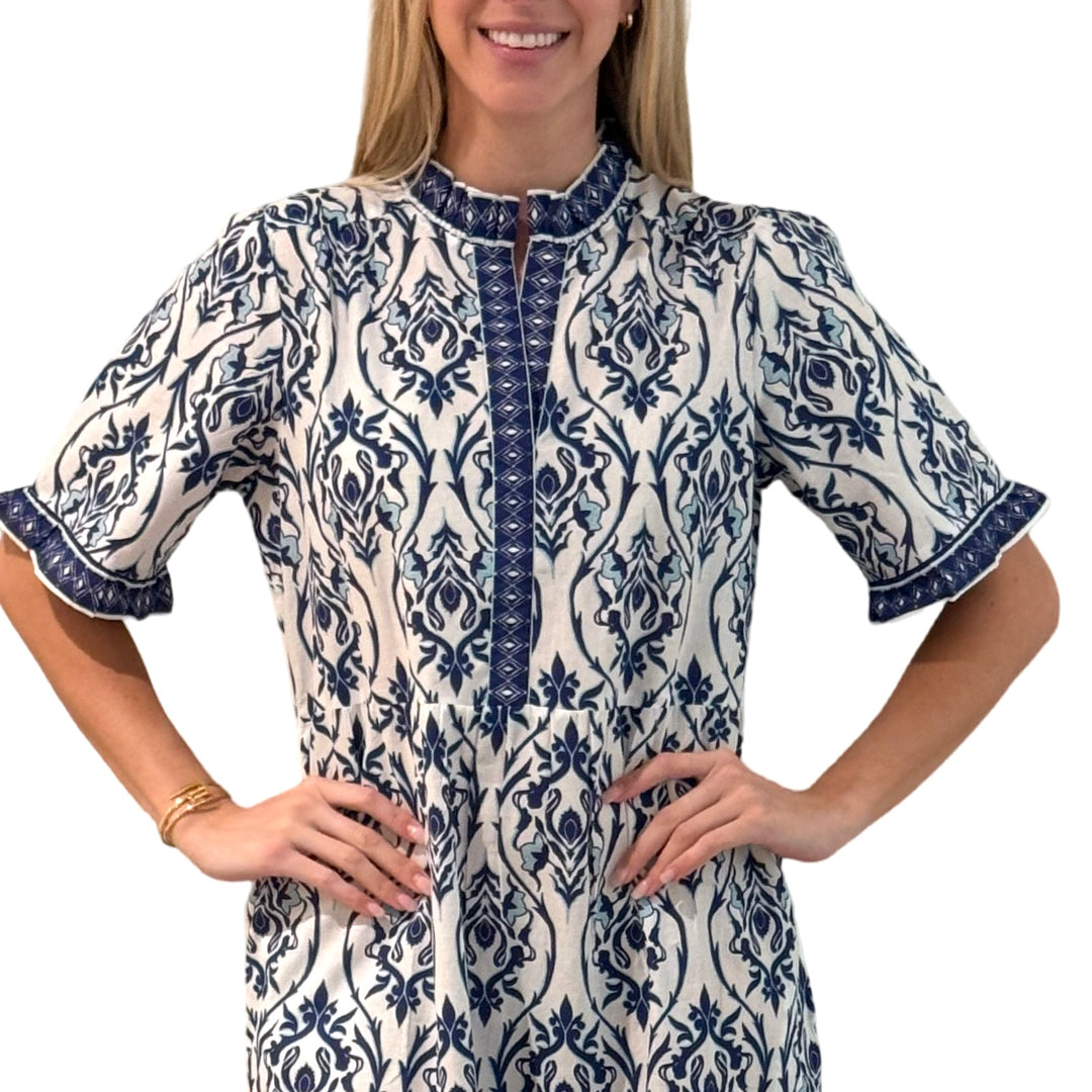 The Campbell Short Sleeve Long Hand Blocked Floral Border Print Dress in Blue and White — view 7