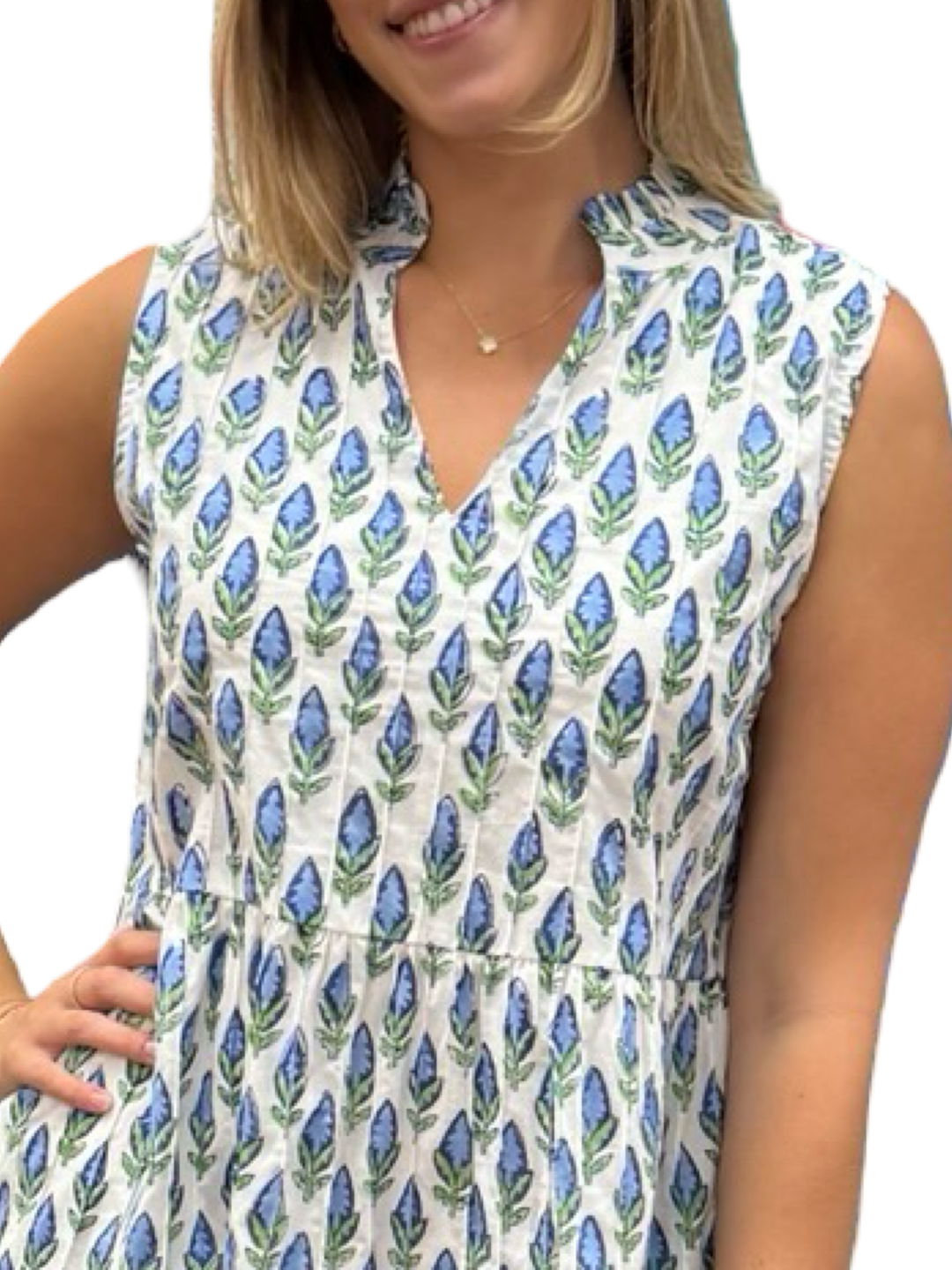 The Bennett Sleeveless Cotton Dress in Blue Hand Block Printed Blue Tulip Floral — view 4