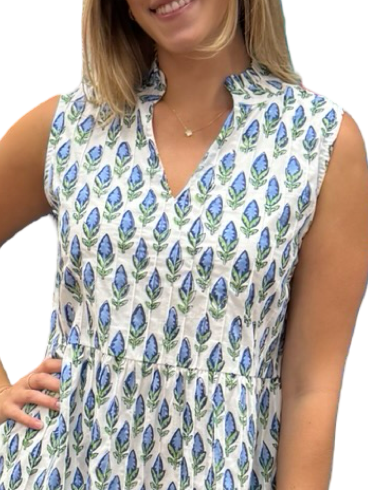 The Bennett Sleeveless Cotton Dress in Blue Hand Block Printed Blue Tulip Floral — view 4