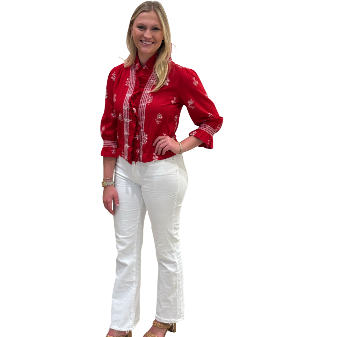 The Amelia Ruffle Front Top in Red and White Embroidered cotton