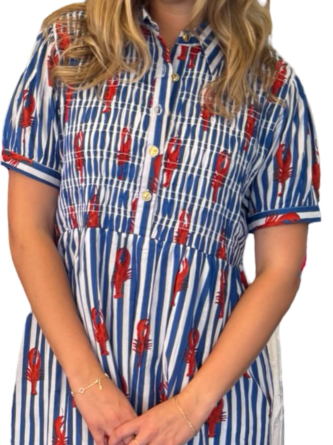 The Tasha Smocked Front Dress in Lobster Striped Cotton