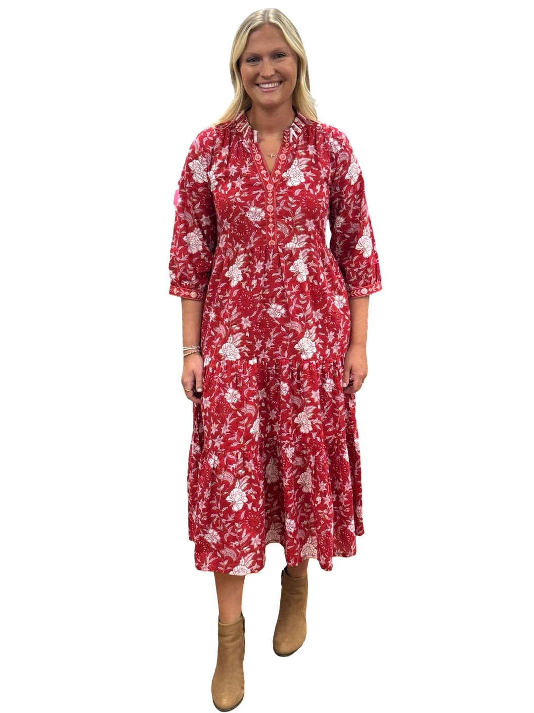 The Campbell Long Length Dress in Red Hand Block Printed Floral