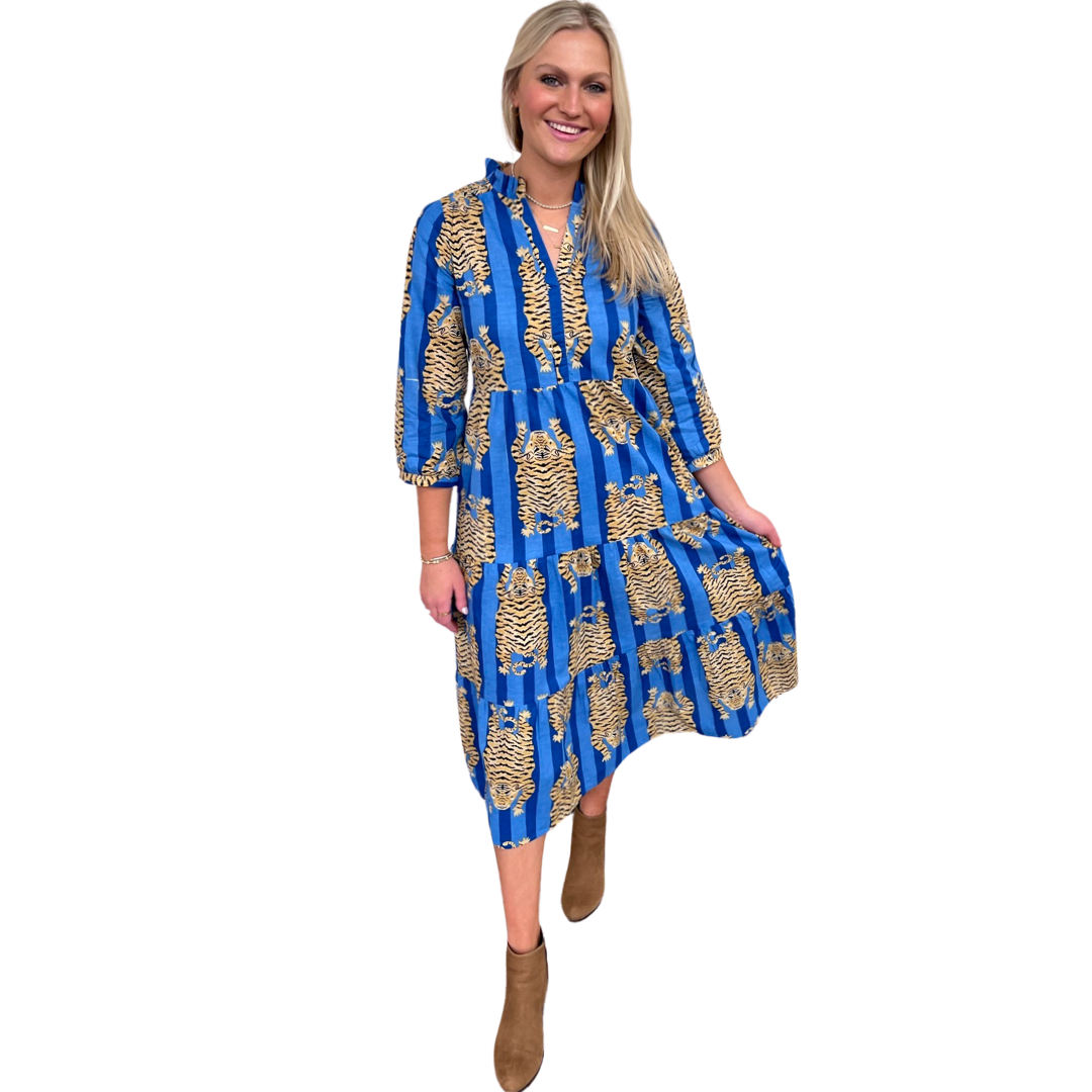 The Campbell Tiger Stripe 3/4 Sleeve Midi Dress in Blue