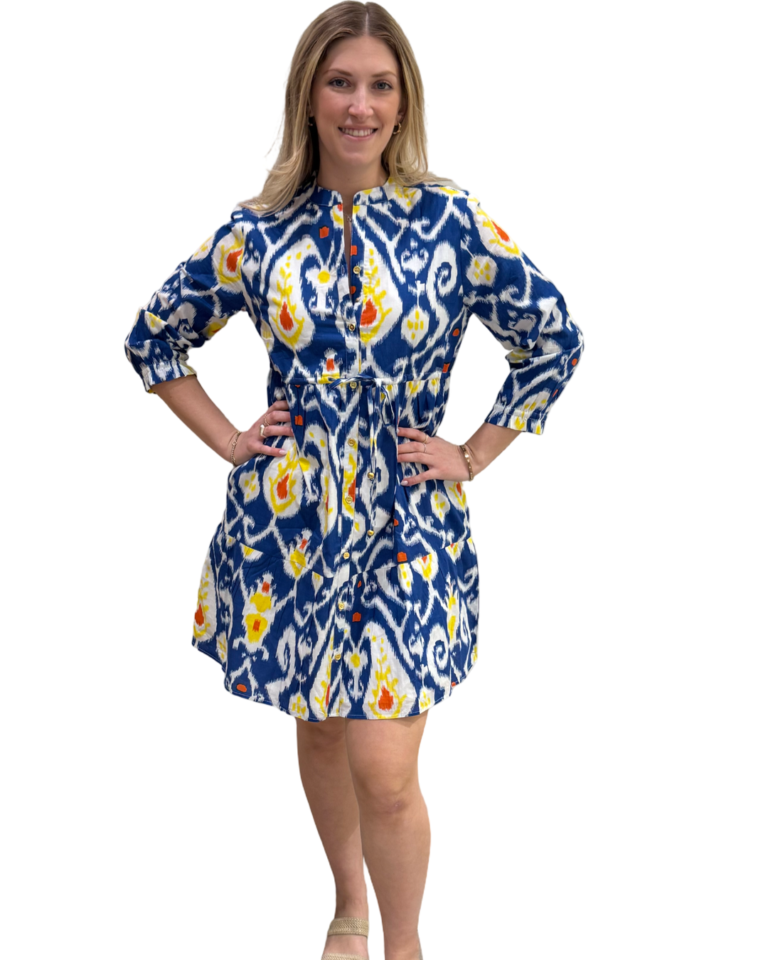The Hamilton Tie Front Dress in Blue Cotton Ikat