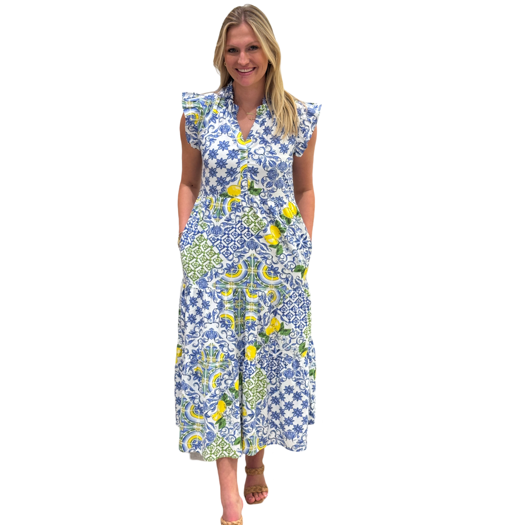 The Campbell Flutter Sleeve Dress in Blue Lemon — view 3