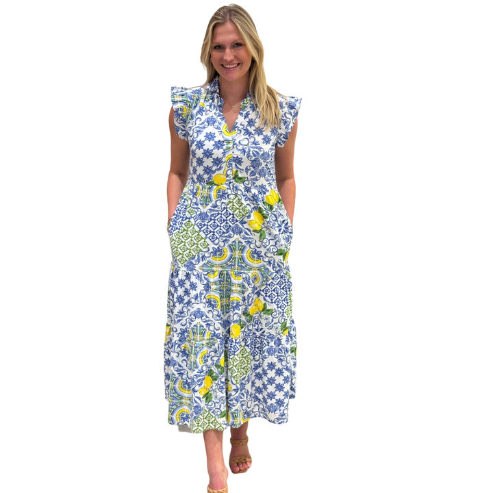 The Campbell Flutter Sleeve Dress in Blue Lemon — view 3