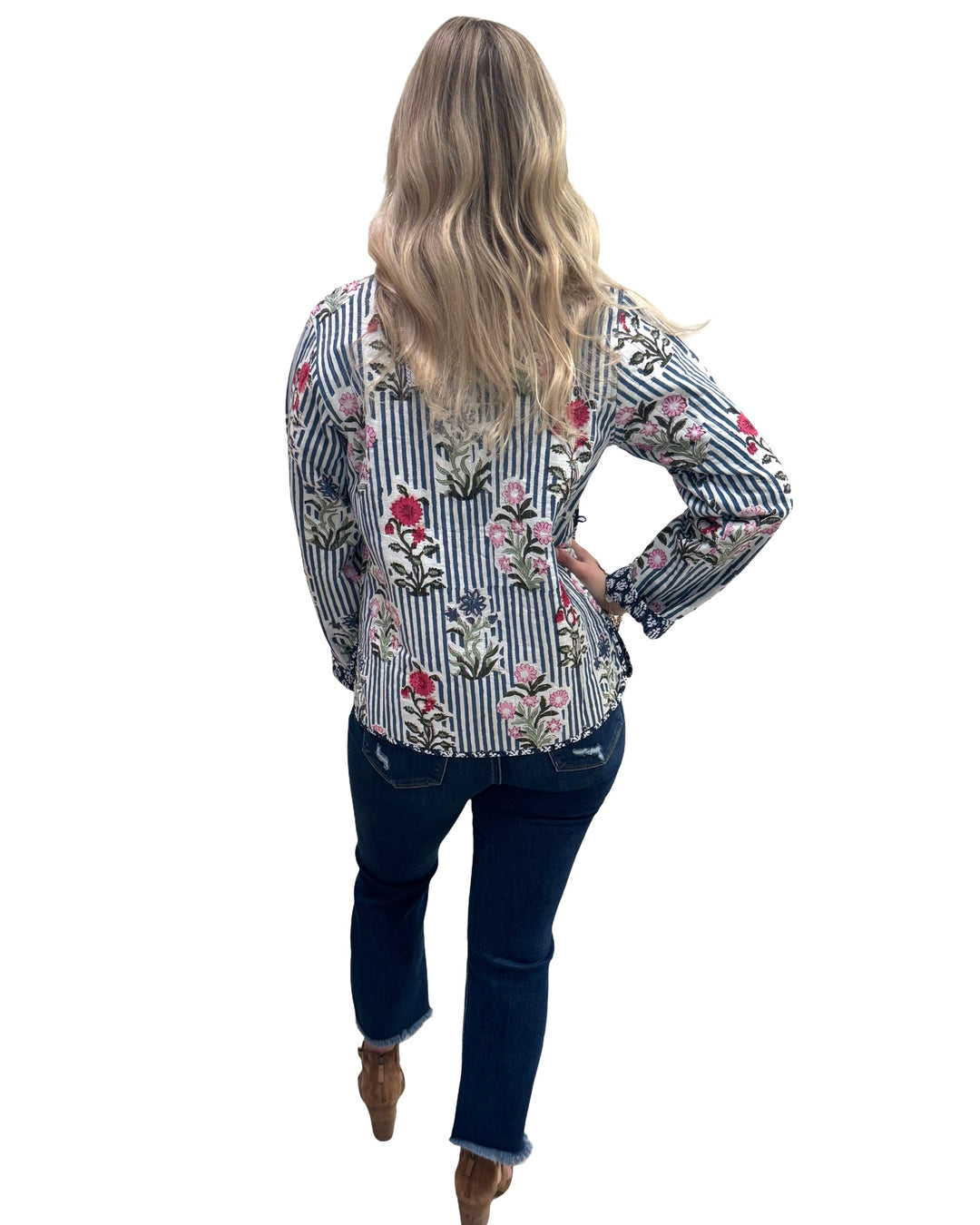 The Madeline Reversible Hand Block Printed Jacket in Blue Striped Floral — view 4