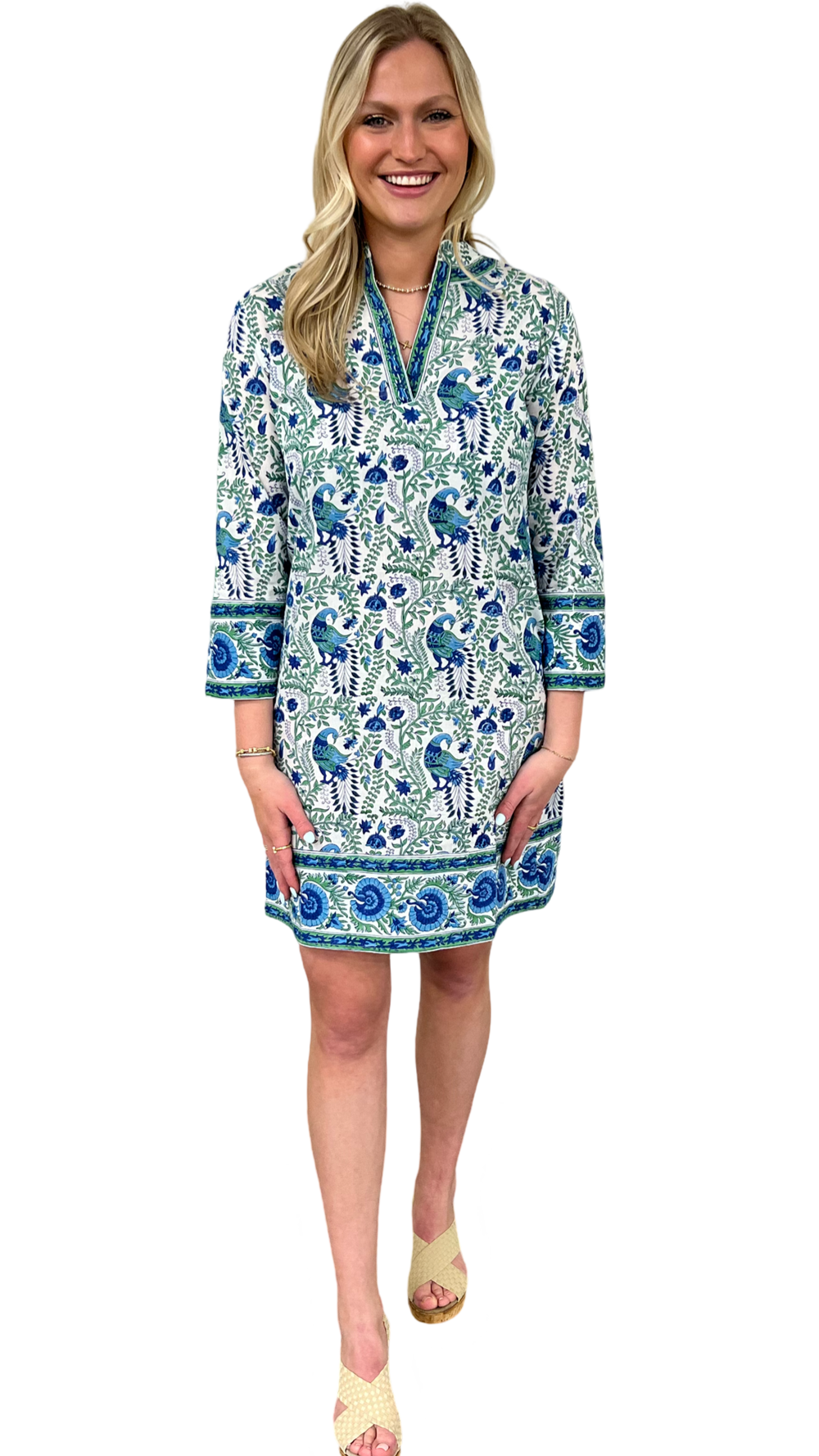The Brie Cotton Block Print Dress in Green and Blue Floral Bird Print — view 2