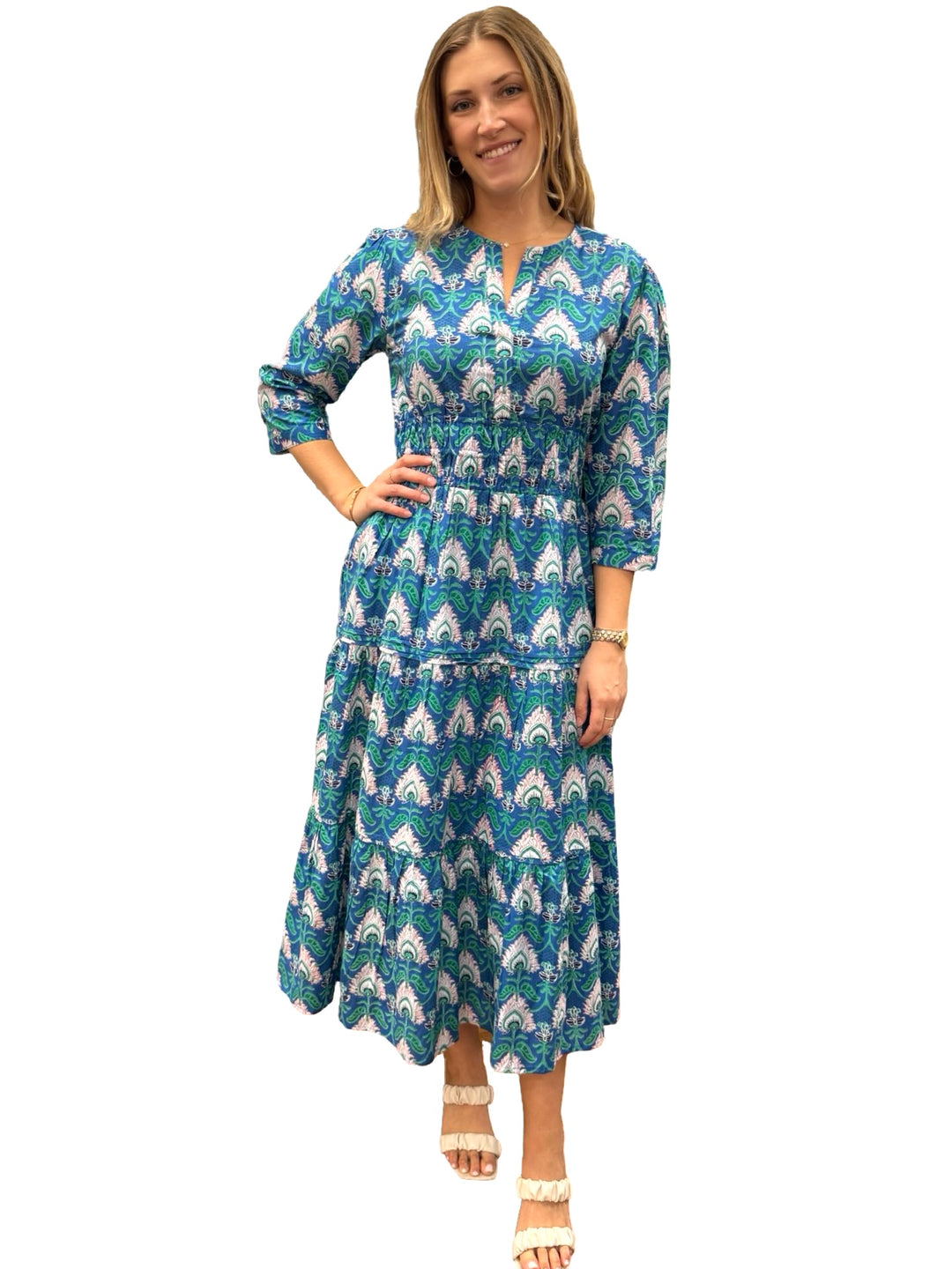 The Sydney Cinch Waist Dress in Blue Green Floral Block Print