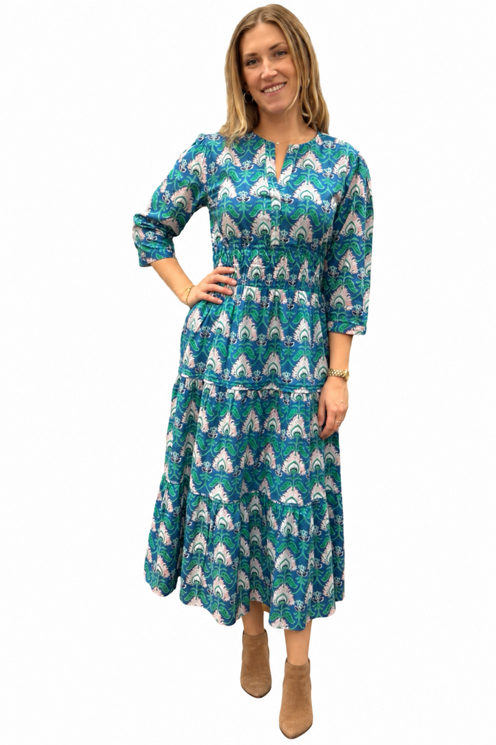 The Sydney Cinch Waist Dress in Blue Green Floral Block Print