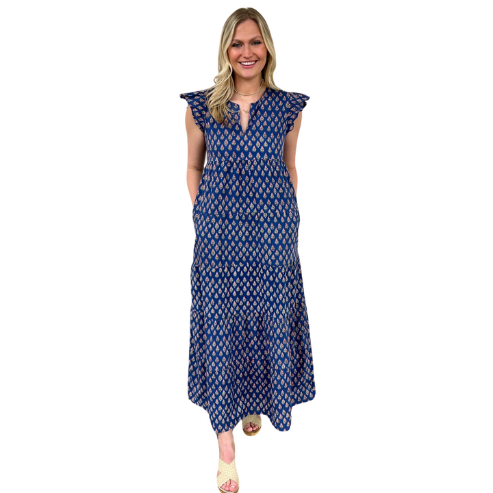 The Isabella Maxi Dress in Blue and Pink Hand Blocked Floral — view 2