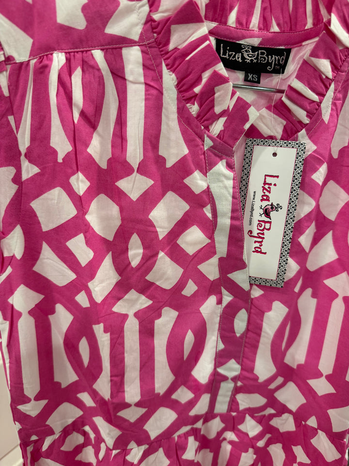 The Campbell Short Sleeve Dress in Pink Trellis Cotton