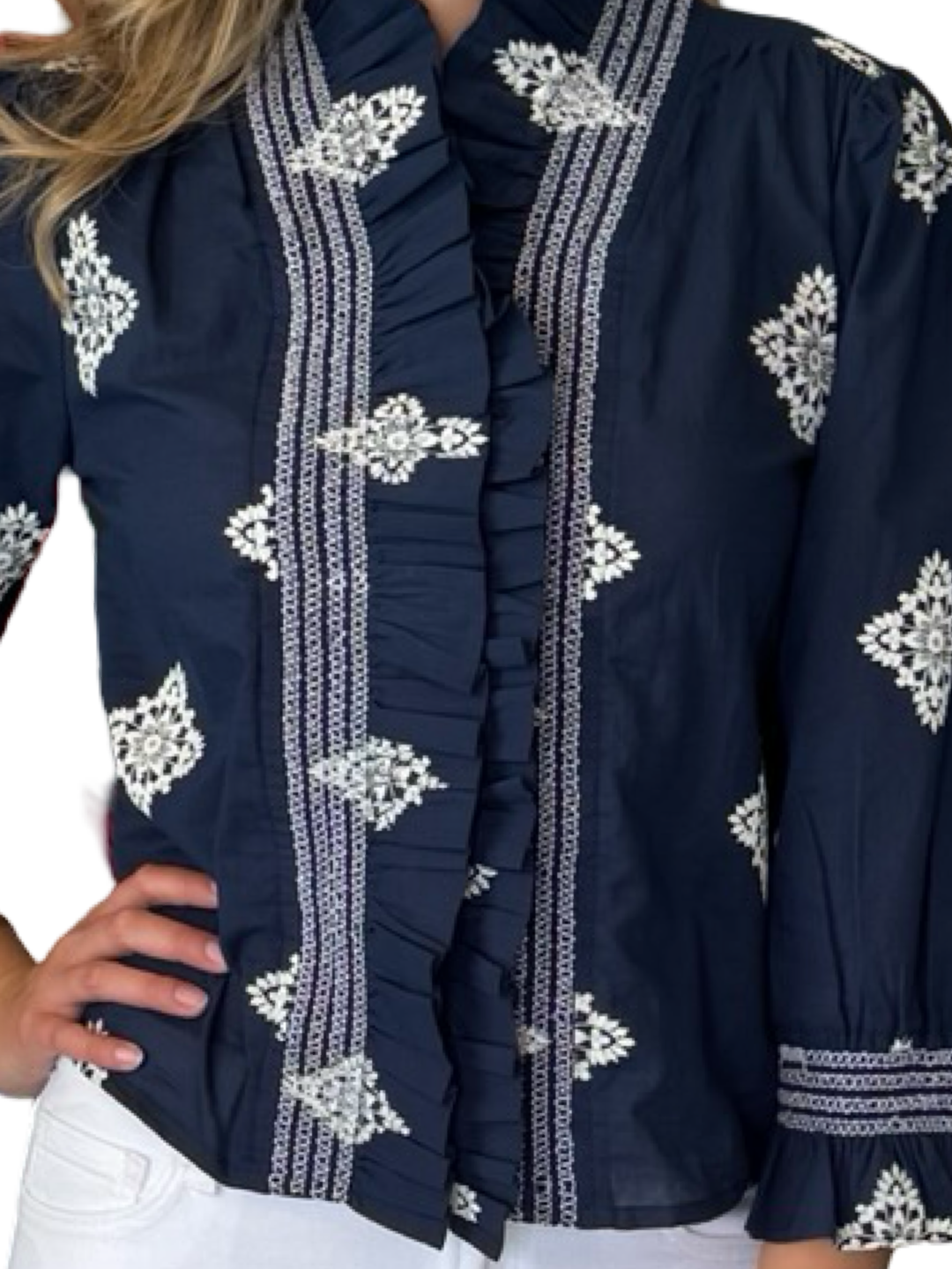The Amelia Smocked Ruffle Top in Navy with White Embroidery — view 3