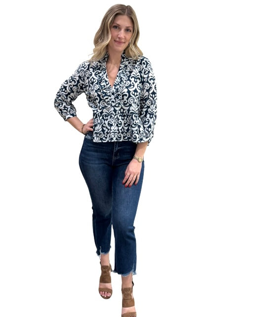 The Bella Cotton  3/4 Sleeve Top in Navy and White — view 2