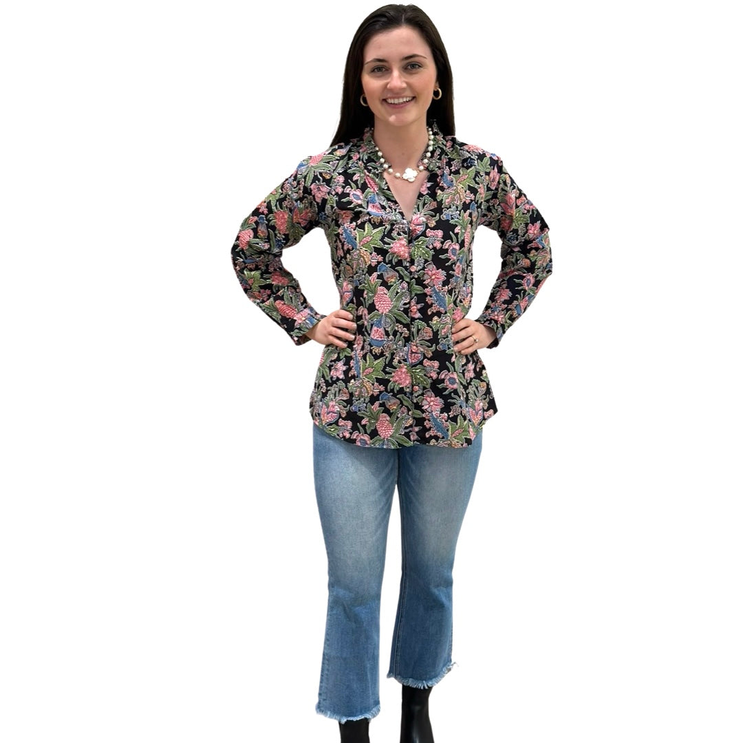 The Embry Cotton Block Print Floral Button Front Top in Midnight Floral — view 3
