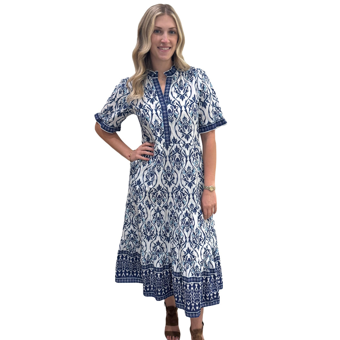 The Campbell Short Sleeve Long Hand Blocked Floral Border Print Dress in Blue and White — view 3