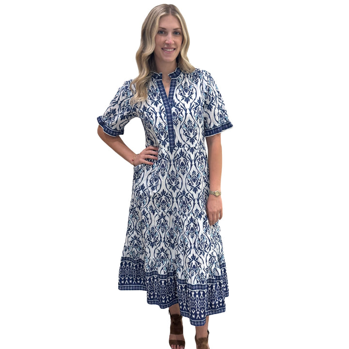 The Campbell Short Sleeve Long Hand Blocked Floral Border Print Dress in Blue and White — view 3