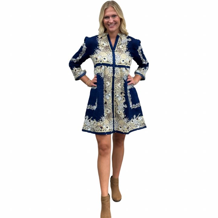 The Addison Border Print Dress in Navy and Beige — view 4