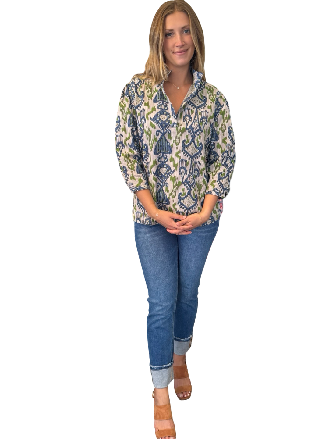 The Shipley Top in Green Blue Ikat Cotton