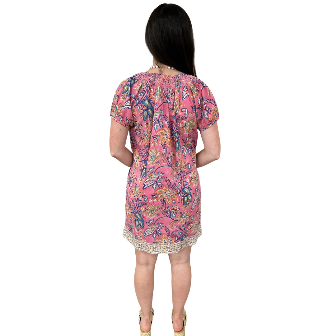 The Michelle Cotton Smocked Neck Pink Floral Dress — view 4