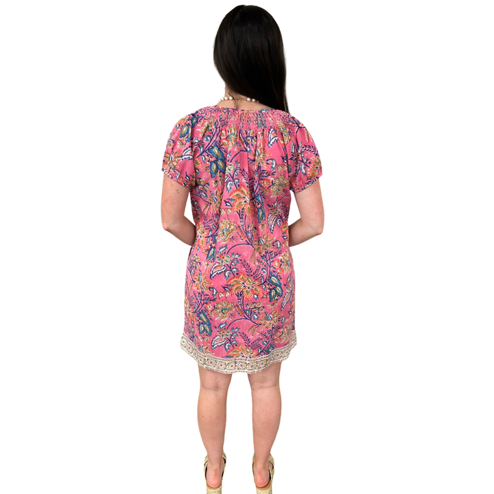 The Michelle Cotton Smocked Neck Pink Floral Dress — view 4