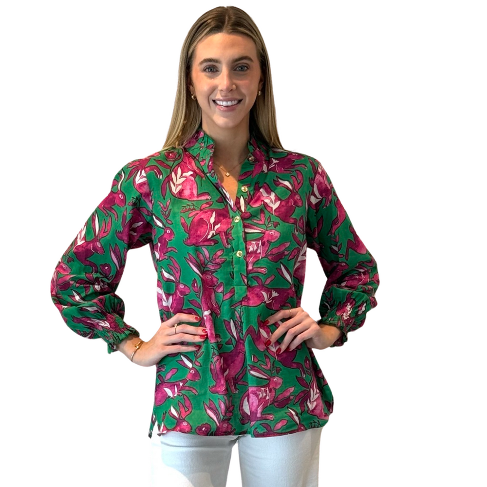 The Callaway Button Front Blouse in Jade Green and Pink Bunny Print — view 2