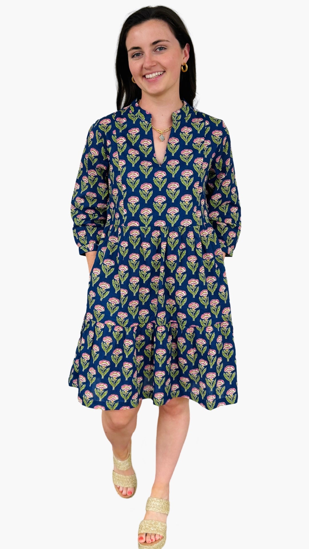 The Preston Hand Block Blue Pink Cotton Floral Dress — view 3