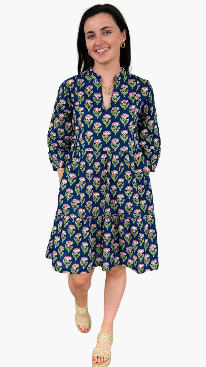 The Preston Hand Block Blue Pink Cotton Floral Dress — view 3