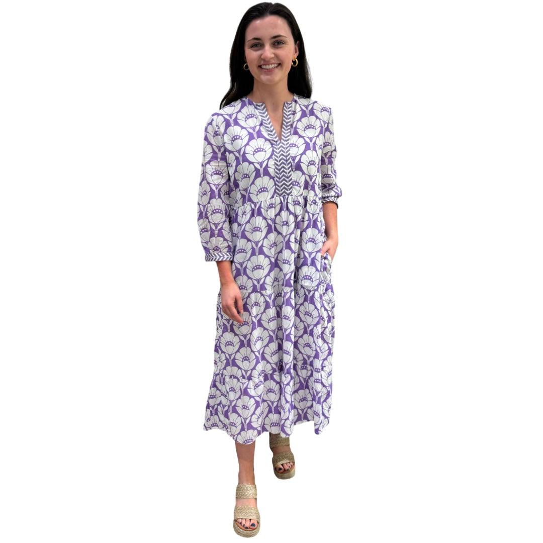 The Daniella Lavender Purple White Embroidered Cotton Dress — view 3
