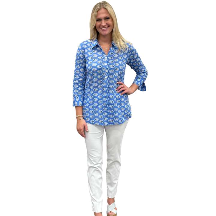 The Mason Button Front Top in Periwinkle Blue Floral — view 2