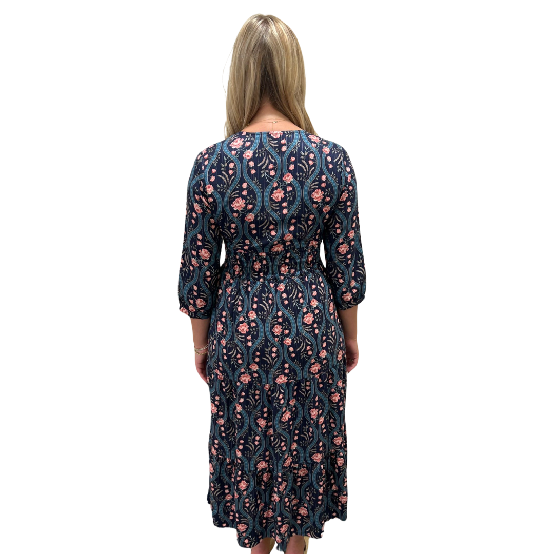 The Sydney Long Length Cinched Waist Dress in Navy Lurex Floral — view 7