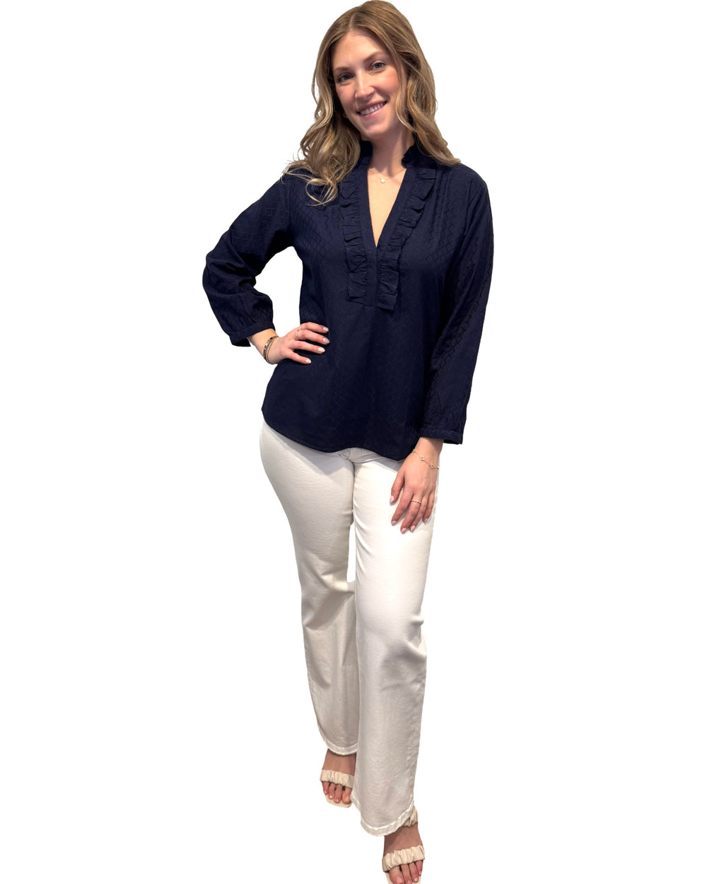 The Emerson Top in Navy Cotton Jacquard — view 2