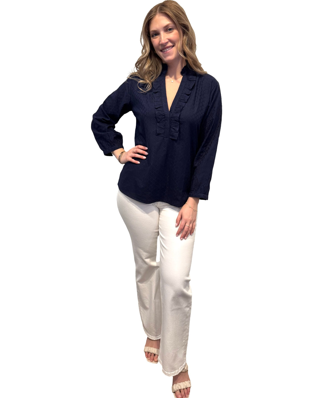 The Emerson Top in Navy Cotton Jacquard — view 2