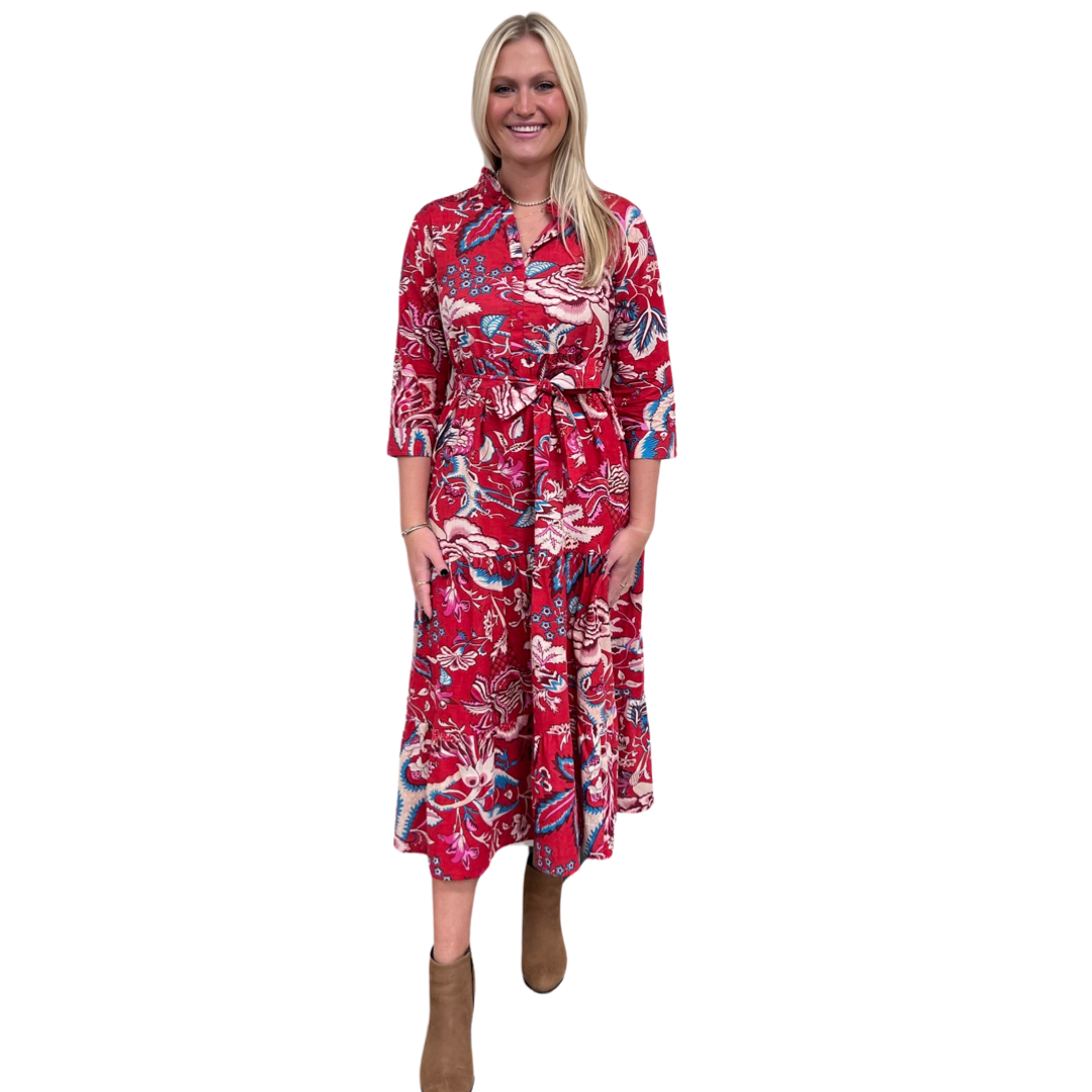 The Camden Block Print Dress in Raspberry Floral — view 4