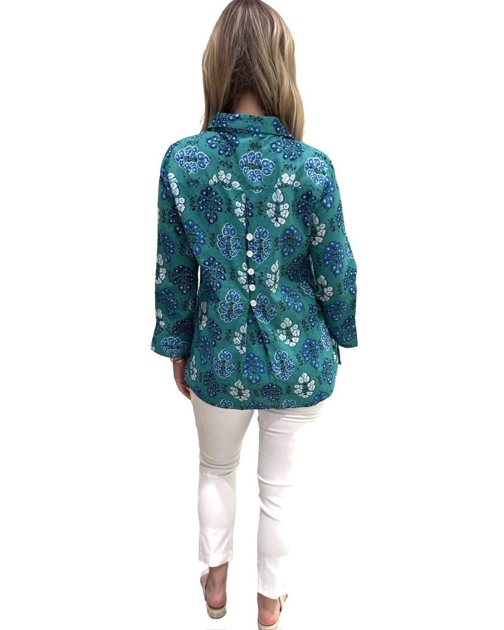 The Mason Button Front Tunic in Green Blue Floral Print — view 6