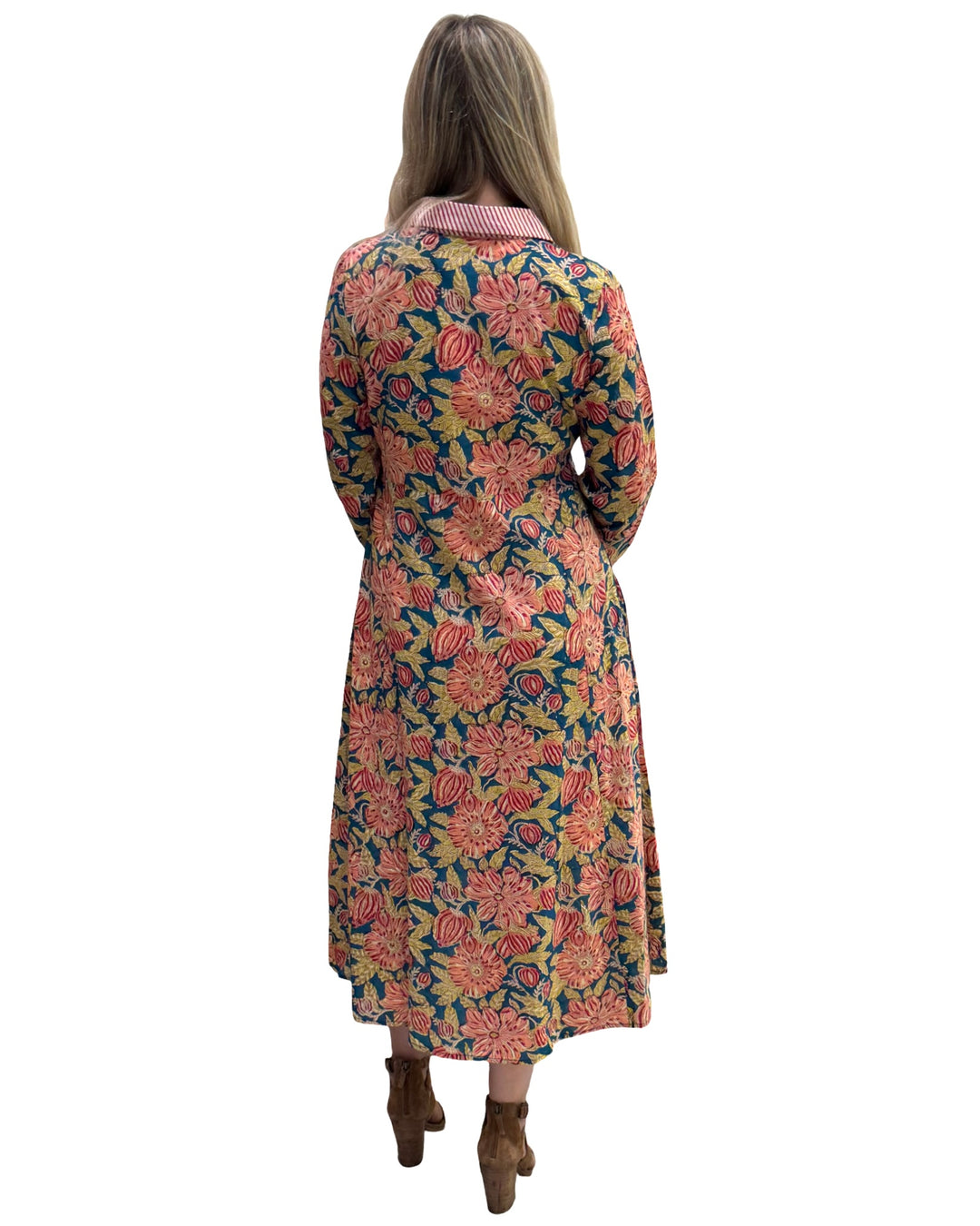 The Marion Hand Block Printed Button Front Dress in Green Red Floral — view 5