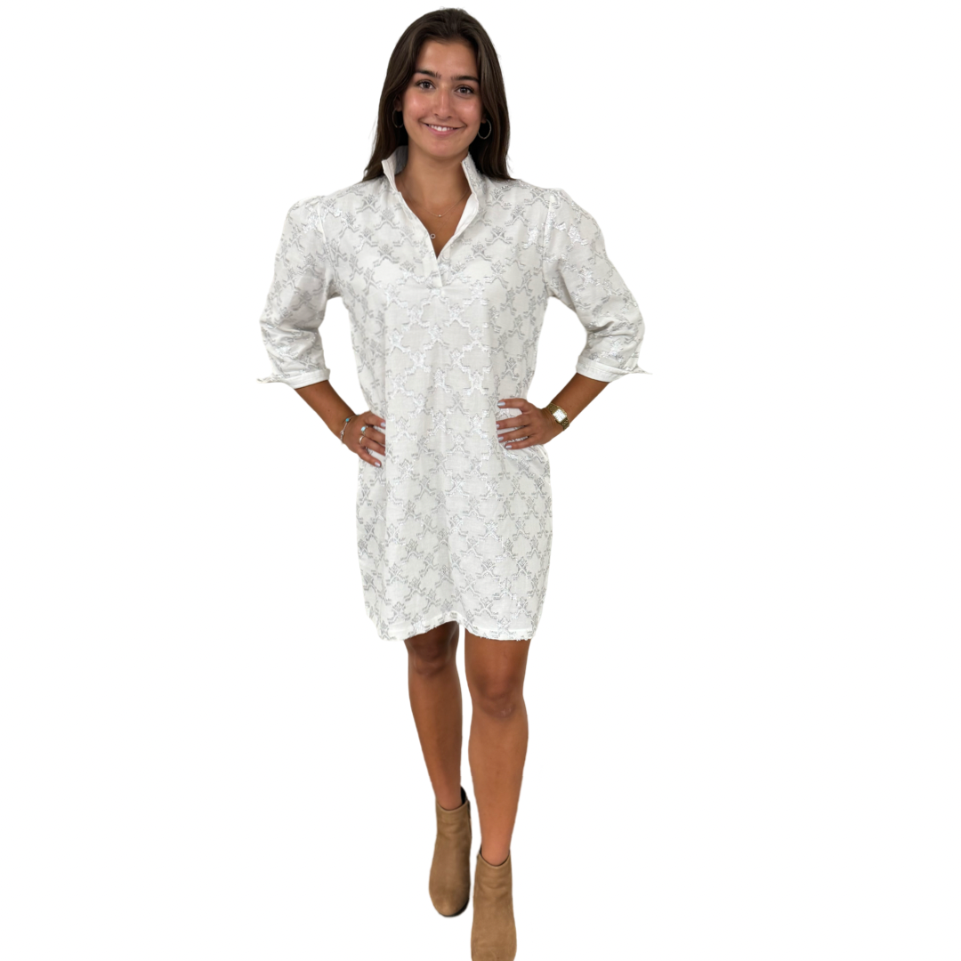 The Shipley Stand-Up Collar Dress in Metallic White and Silver — view 4
