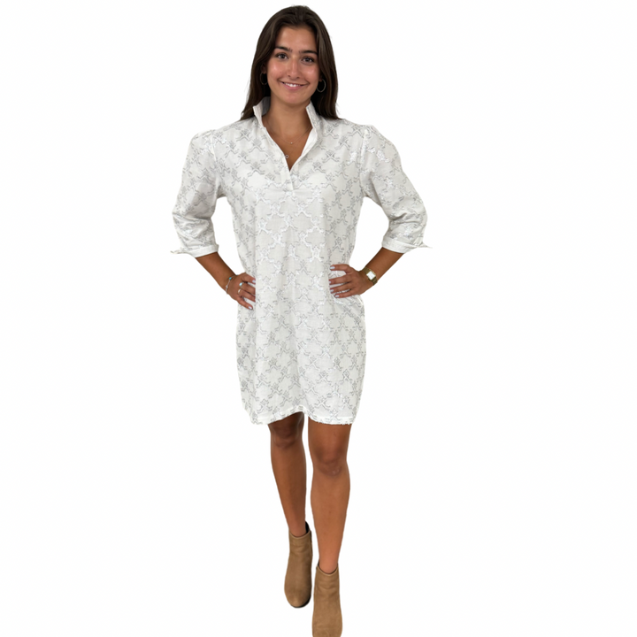 The Shipley Stand-Up Collar Dress in Metallic White and Silver — view 4