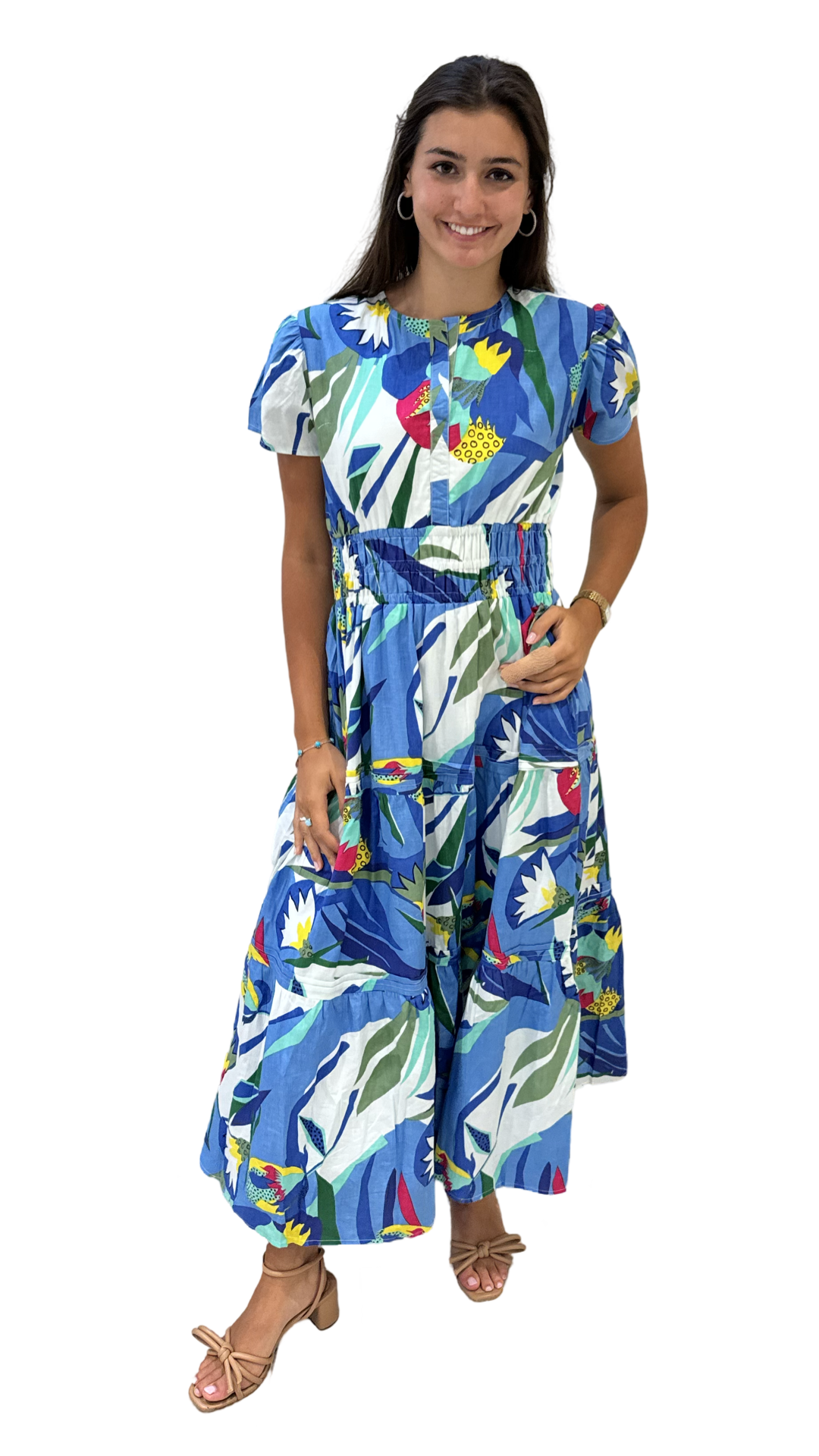 The Sydney Cinch Waist Dress in Blue Multi Color Tropical Cotton — view 5