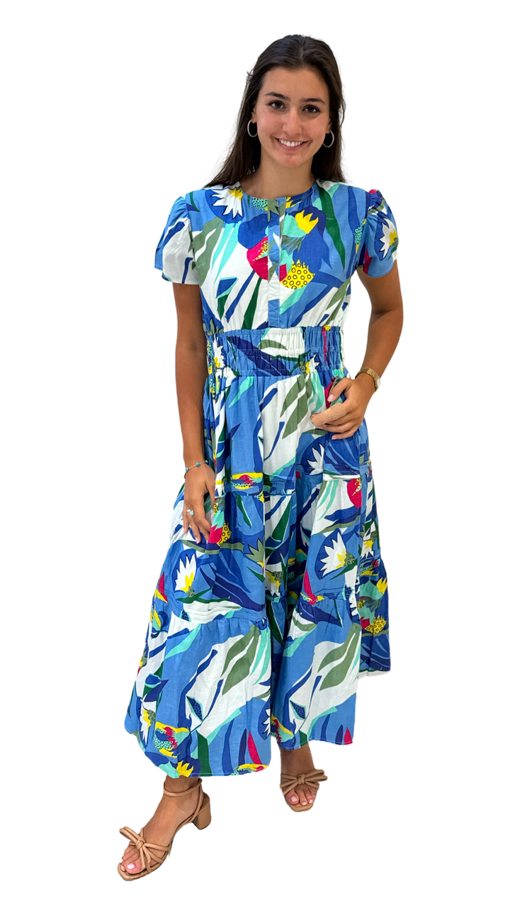 The Sydney Cinch Waist Dress in Blue Multi Color Tropical Cotton — view 5