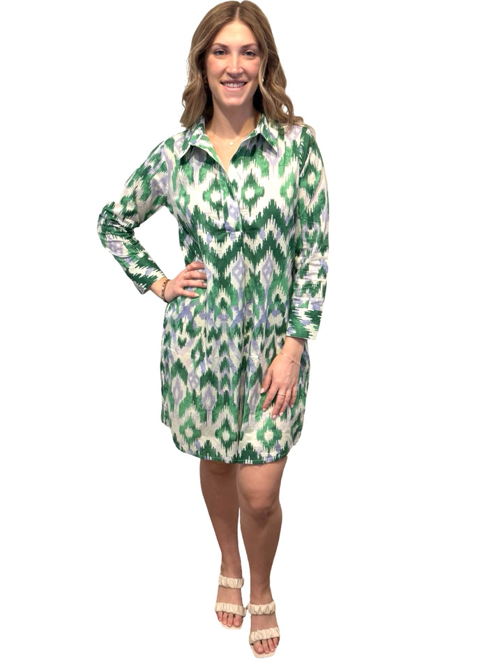 The Holland Cotton Shirt Dress in Green Ikat — view 6