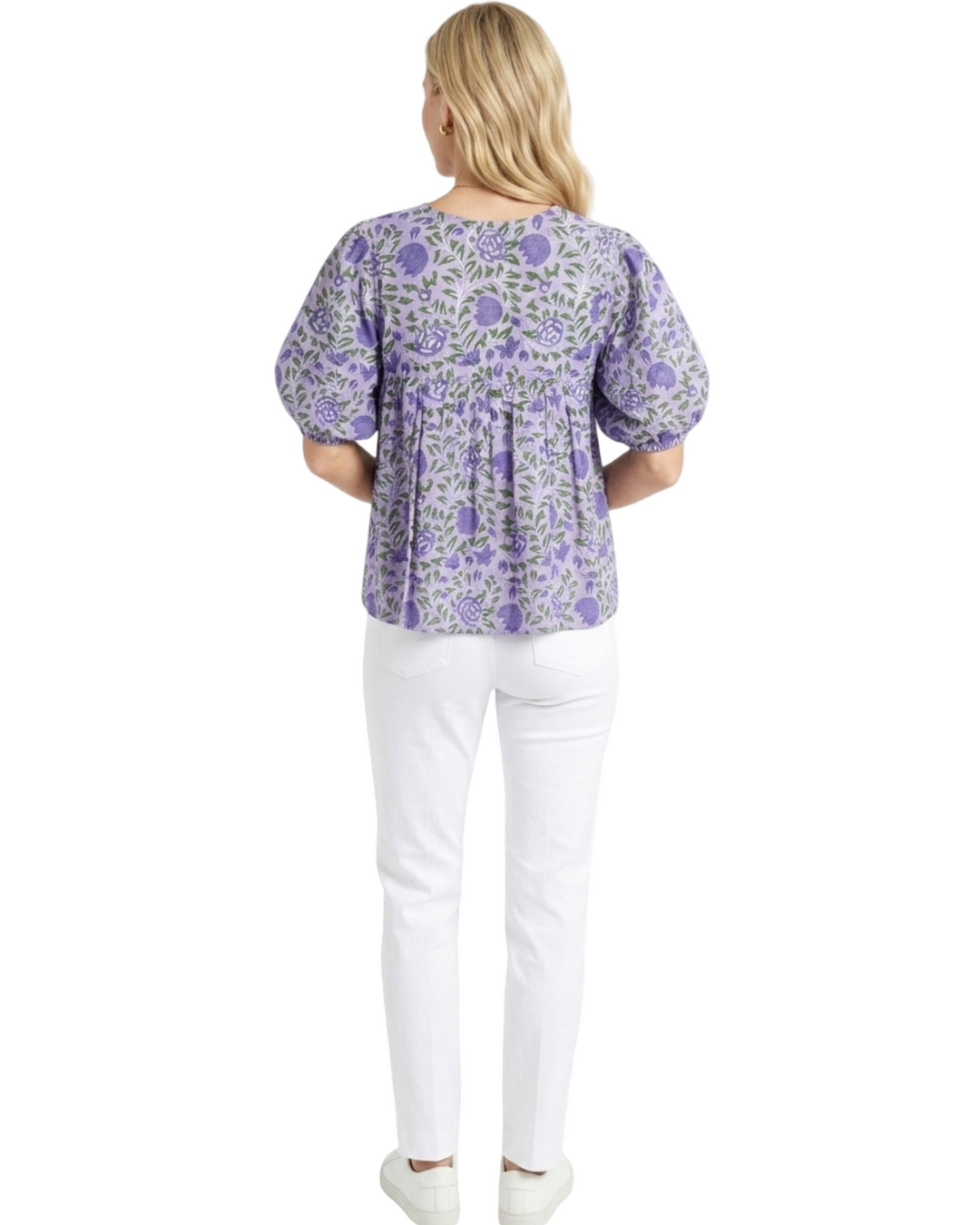 The Poppy Puff Sleeve Top in Purple Floral Hand Block Printed Cotton — view 3