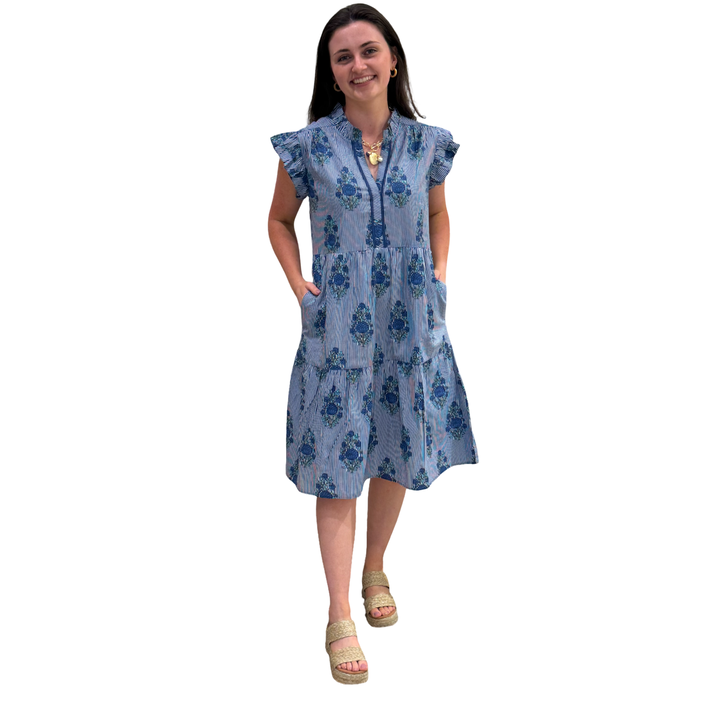 The Campbell Midi Length Dress In Blue Striped Floral — view 3