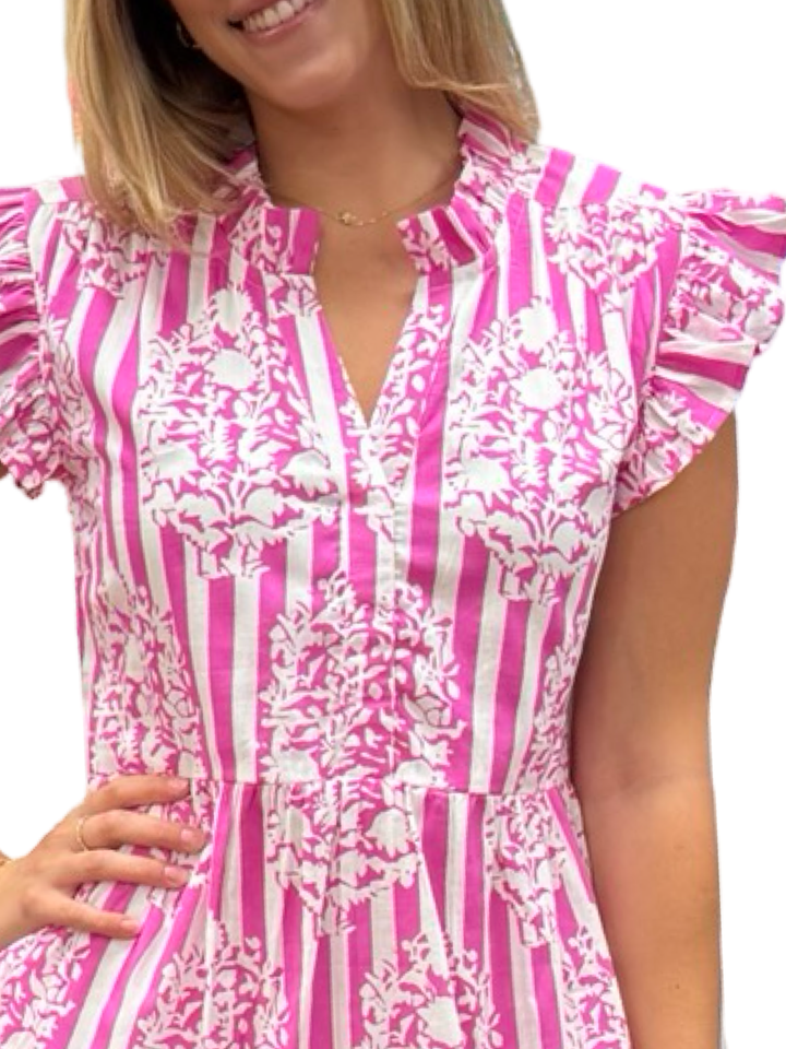 The Campbell Flutter Sleeve Dress in Pink White Stiped Floral — view 4