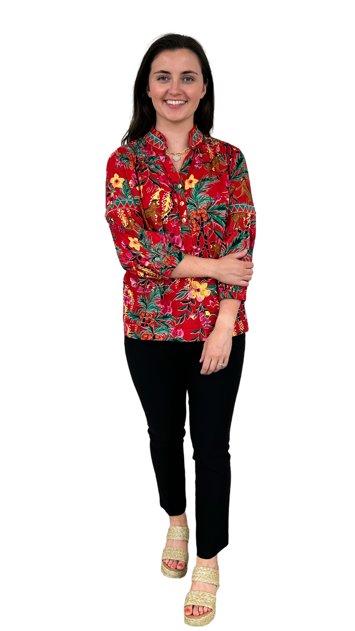 The Mckenzie Cinch Back Top in Hand Blocked Monkey Print Floral — view 3