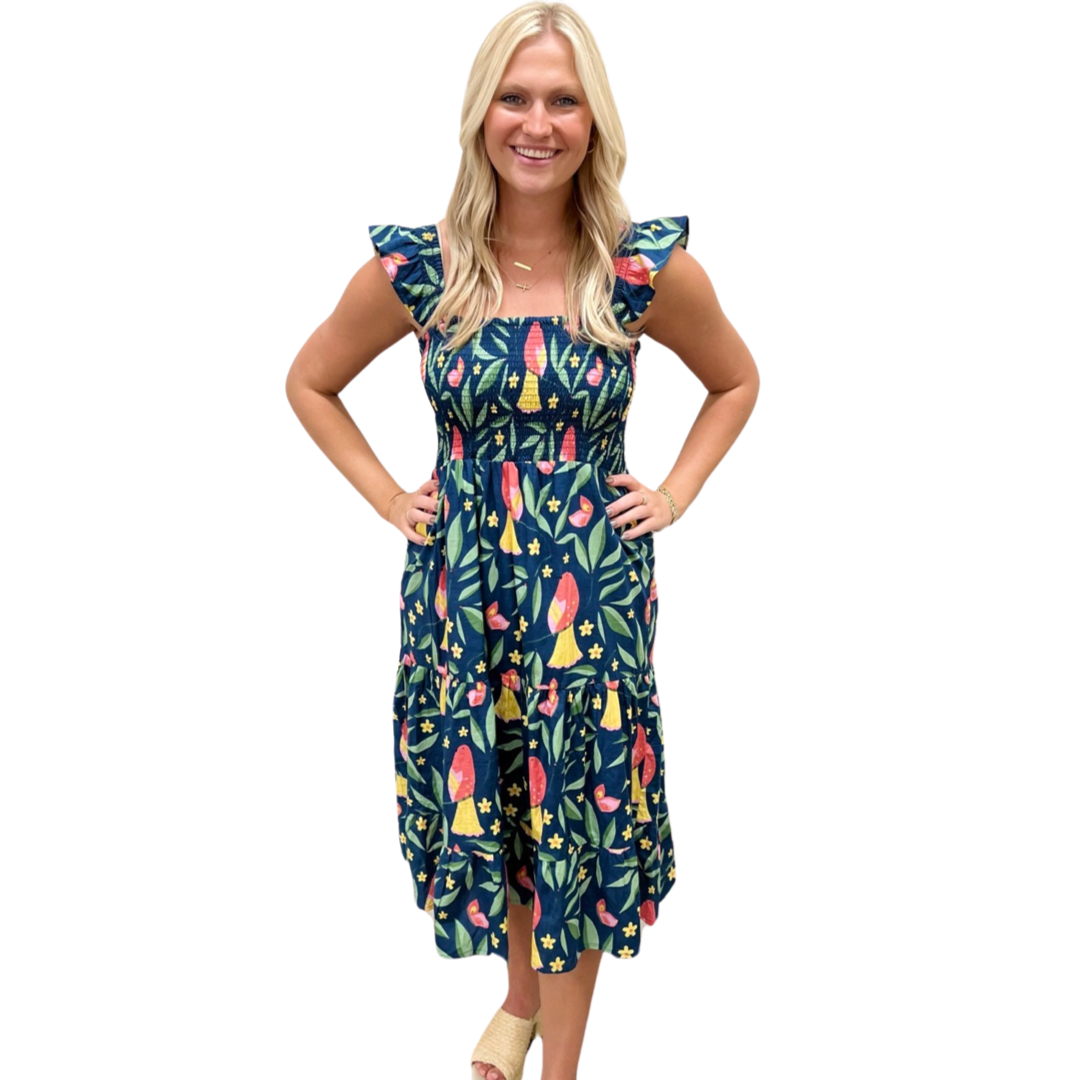 The Cloey Navy Smocked Bird Print Dress