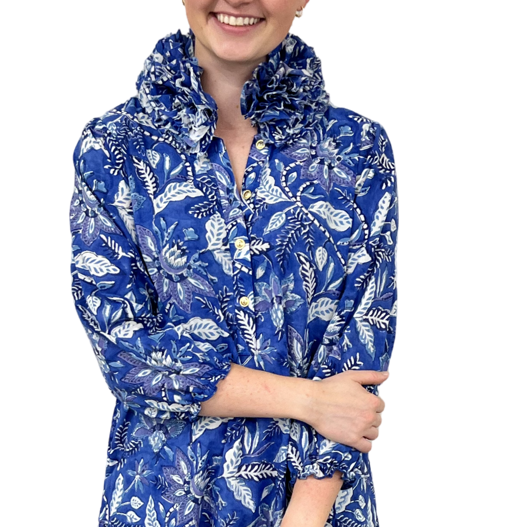 The Maria Ruffle Collar Navy Floral Cotton Hand-Block Printed Dress — view 5